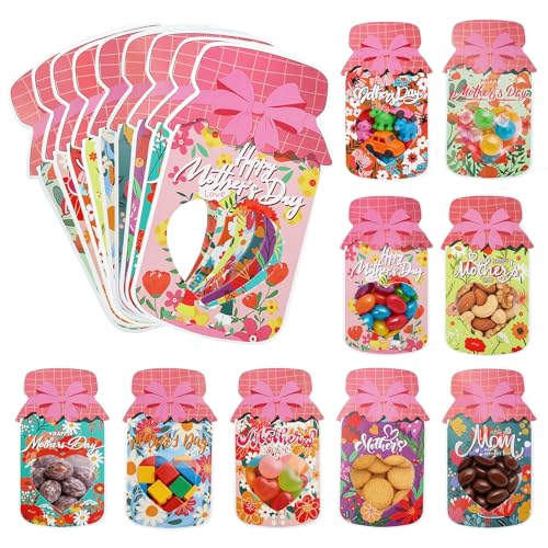 Avxdbr 27 Pack Mother’s Day Mason Jar Candy Cards DIY Heart Cutout Floral Cards with Treat Bags and Tape Mother’s Day Treat Bags with Heart Window for Mom