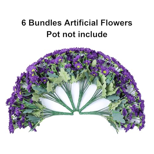 Daisy Artificial Flowers for Outdoors Decoration, 6 Bundles Fake Plants Flowers Bouquet Faux Flowers for Outdoor Planter Look Real UV Resistant Silk Flowers for Outside Front Door Porch Patio, Purple - color: Purple
