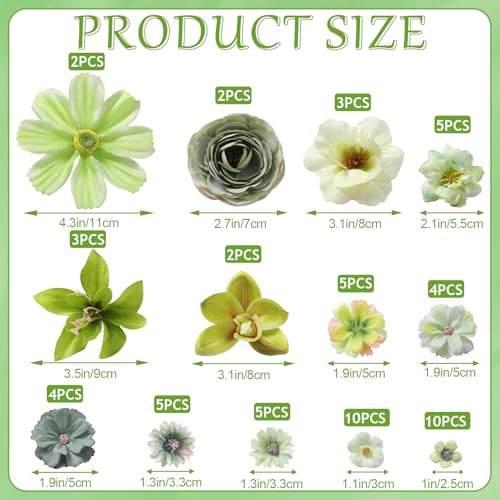 Fake Flower Heads Bulk - Green Silk Daisy & Rose Artificial Flower for Crafts, DIY, Graduation Cap, Wedding, Party, Cake Topper, Home Garland Decor - color: Green