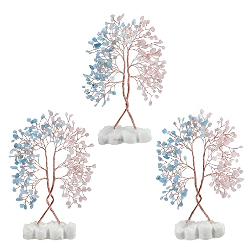 mookaitedecor Natural Rose Quartz & Aquamarine Crystal Tree with Double Heart Rock Quartz Crystal Cluster Stone Base Bonsai Money Tree of Life Home Wedding Decoration - color: Pink & Blue