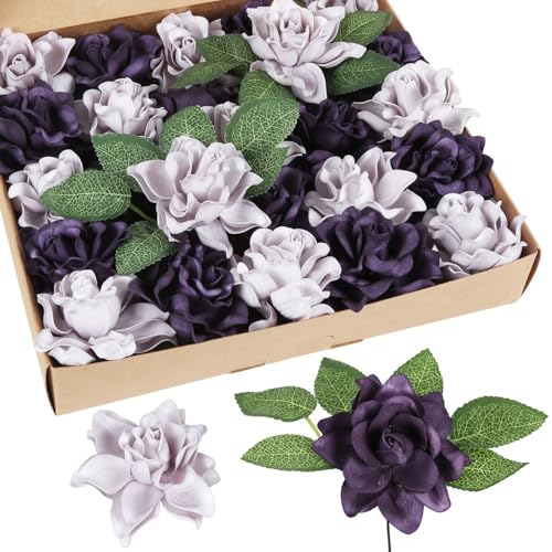 IPOPU 25PCS Artificial Gardenia Flowers Purple&Lilac Foam Gardenia Flowers Real Looking Fake Rose Heads for Wedding Bouquet Bridal Shower Party Home Floral Arrangements(Purple&Lilac) - color: Purple&lilac