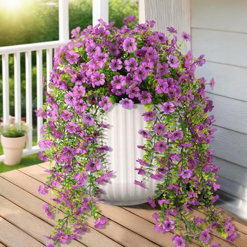 Artificial Hanging Flowers Plants for Outdoors, 2 PCS UV Resistant Faux Silk Daisy(132 Branches Per Bundle), Home Garden Balcony Yard Porch Decor(Purple) - color: Purple