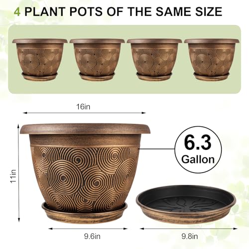 Fodetyff 16 Inch Large Planter Pot for Plants Indoor Outdoor, 4 Pack Plastic Flower Pots with Drainage Hole & Tray, Modern Decorative Garden Pot with Saucer, Plant Container for House - color: Gold, size: 16 inch-4 pack