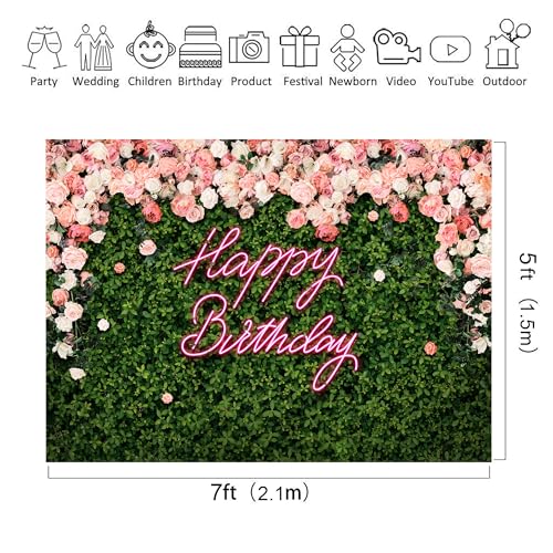 Riyidecor Happy Birthday Backdrop for Women，Girls Flower Wall Pink Rose，Green Leaves Floral Blossom Botanical Plant Nature 7Wx5H Feet Photography Background 30 Birthday Photo Studio Shoot Fabric - color: A-Birthday （Green Rose）, size: 7Wx5H