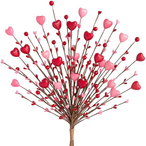 6 Pcs Artificial Berry Stems Pink Red Heart Shaped Flowers for Vase, Faux Branches for Wedding Anniversary Valentine’s Day Romantic Home Table Centerpieces Decor