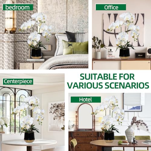 Artificial Orchid Flowers in Ceramic Vase Realistic White Faux Orchids 19.5 Inch Fake Phalaenopsis Plant Arrangements for Home Indoor Centerpiece Decor (Set of 4 Stems) - color: White, size: 14CM- BlackGolden