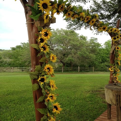 2 Pack Artificial Sunflower Garland Faux Silk Decor Sunflower Vine Hanging Flowers for Outdoor with Green Leaves Home Wedding Party Decoration