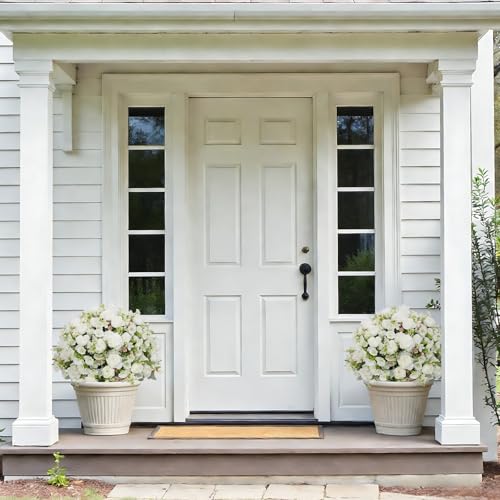 24" Artificial Potted Flowers for Outdoors Set of 2 - UV Resistant Faux White Silk Peonies with Eucalyptus Plants in Cement Pots for Outside Front Porch Home Indoor Decor - color: White, size: 24" Classic Peony