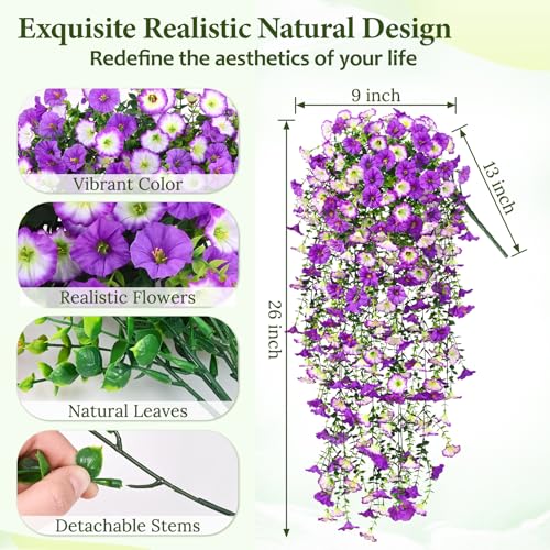Artificial Hanging Flowers for Outdoors, Fake Hanging Flowers for Decoration, UV Resistant Artificial Outdoor Plants, 4 Pcs Morning Glory for Outdoors Garden Patio Porch Yard Decor, Purple&Purple Edge - color: Purple&purple Edge, size: 4 Pack