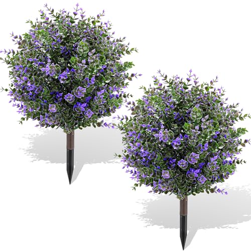 Artificial Boxwood Topiary Ball Trees with Ground Spikes UV Resistant Faux Greenery Shrubs Fake Shrubs for Outdoors, Realistic Faux Plants Bushes for Garden Porch Yard Patio Decor (Purple Green) - color: Purple Green