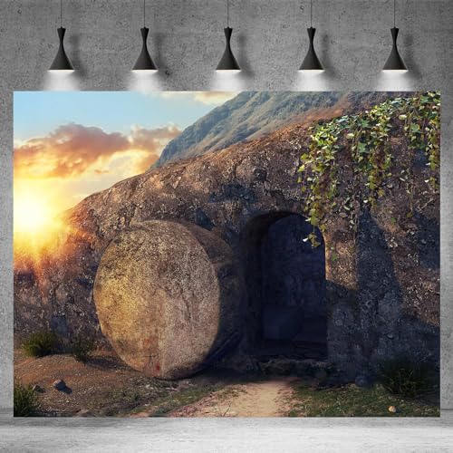 Empty Stone Tomb Photography Backdrop Crucifixion of Jesus Christ Holy Lights Cross Background God Bless Jesus Christian Pray Kids Adults Portraits Photo Studio Props Church Decor 5x4ft - color: Black_Brown, size: 5x4ft