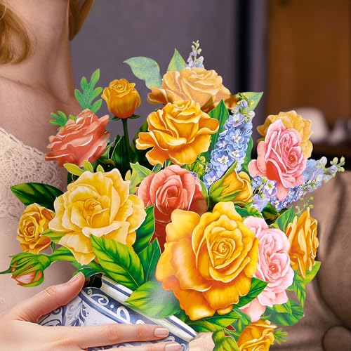 Airpark Pop Up Flower Bouquet Card for Women, 3D Floral Greeting Card with Envelope and Note, Birthday Thank You Thinking of You Get Well Gift for Mom Friend Wife Teacher, Yellow Rose - style: Yellow Roses