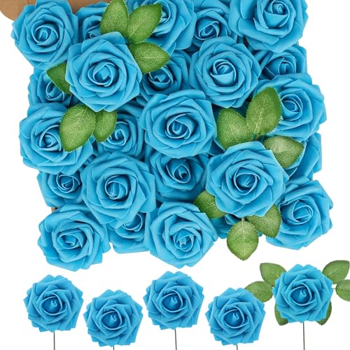 N&T NIETING Artificial Flowers 50pcs Real Touch Blue Foam Fake Roses with Stems for DIY Wedding Bouquets White Bridal Shower Centerpieces Arrangements Party Tables Decorations - color: Blue, size: 50pcs