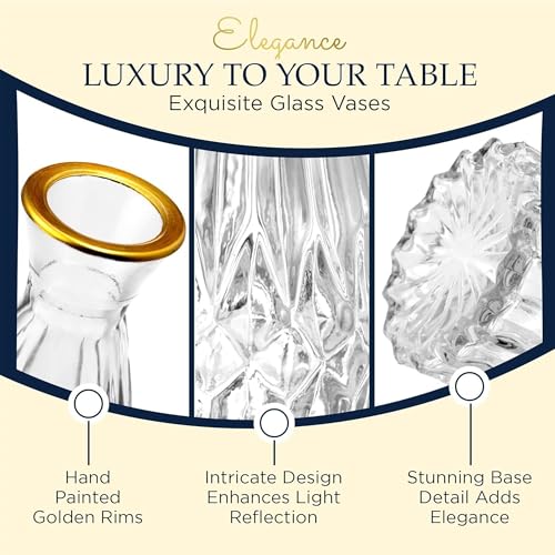 Luxury Glass Bud Vase Set of 5 – Hand Painted Gold Rim Mini Vases, Elegant Small Glass Vases for Centerpieces, Vintage Clear Flower Vases for Wedding, Table, Home & Party Décor - color: 5 Pcs Clear + Gold Rim, size: 5 Pcs