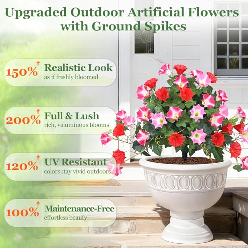 Elyum 2 Pack Artificial Flowers Topiary Ball Trees for Outdoors, 19.7" Lifelike Morning Glory Fake Bushes Plants, UV Resistant Fake Plants Faux Shrubs with Ground Spike for Porch Garden Decor (Red) - color: Mixed Red