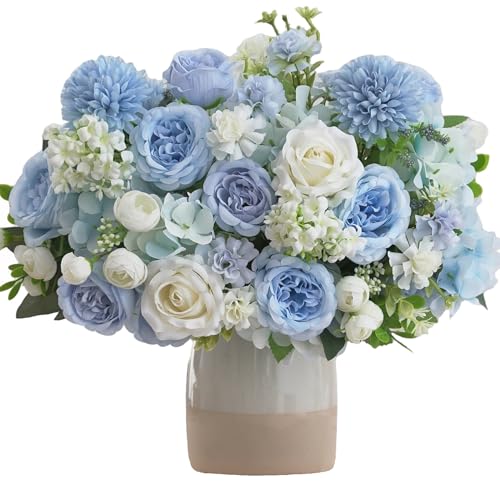 8 Pcs Mixed Artificial Peony Flowers Set-4 Bouquets & 4 Stems, Blue Fake Peony Rose Hydrangea Flowers for Vase Silk Floral Arrangements for Table Centerpiece Wedding Party Bridal Decoration Home Decor - color: Blue, size: Mixed 8pcs