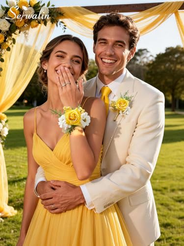 Serwalin Yellow Rose Corsage and Boutonniere Set, Artificial Silk Rose Wrist Corsage Wristlet and Boutonniere Set for Prom Homecoming Wedding Flowers Accessories Party Suit Decorations - color: Yellow, size: 1 Boutonniere & 1 Wrist Corsage - 2pcs