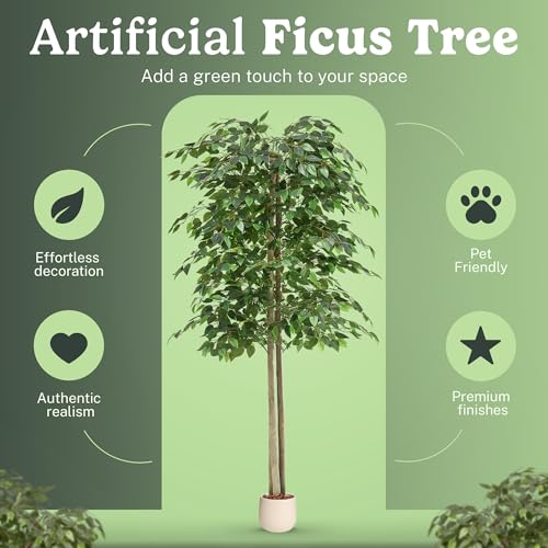 Maia Shop 2 Pack 6ft Artificial Ficus Tree Indoor - Tall Faux Plant with Natural Wood Trunk in Designer Pot with Wood Chips - Fake Plant for Home Office & Living Room Decor - color: Ficusx2, size: 6ft