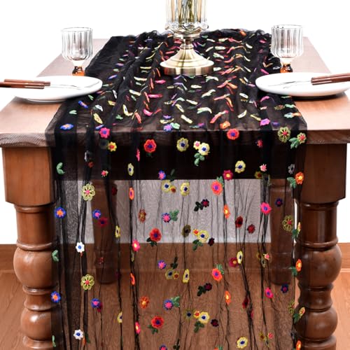 Joanlody 3pcs Black Embroidery Daisy Spring Summer Table Runner 10ft Florals Seasonal Tulle Table Runner for Home Garden Tea Party Holiday Birthday Decoration - color: Black, size: 10ft x 3pack