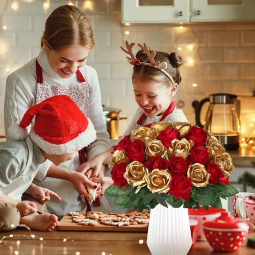 30pcs Fake Roses Artificial Silk Flowers Long Stems Bouquet for Wedding Bridal Shower Party Home Decoration (Burgundy + Gold) - color: Burgundy + Gold