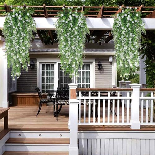 Artificial Hanging Flowers for Outdoor Indoor Decor, 6 Packs Fake Eucalyptus Vine Faux Flower Greenery Garland Plastic Plants Outside Wall Garden Wedding Home Party Decor (White) - color: White