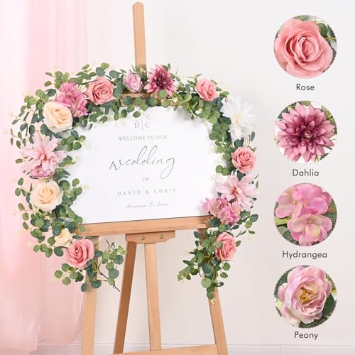 Waipfaru Flower Garland Decorations, 6.07Ft Pink Floral Rose Garland, Artificial Eucalyptus Greenery Vines with Flowers for Wedding Table Runner Centerpieces Backdrop Room Decor (Pink) - color: Dusty Pink-6.07ft, size: 1 Pack