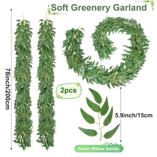 6.56Ft Artificial Vines Garland Silk Italian Ruscus Greenery for Table | 2Pcs Silk Greenery Garland Willows leaves Fake Hanging Plant Vines for Idoor Outdoor Table Centerpieces Wedding Party Mantle