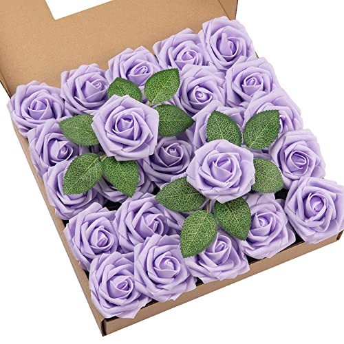 DuHouse 25Pcs Artificial Roses Flowers Fake Rose with Stems Real Touch Foam Flower Head for DIY Wedding Bridal Bouquet Baby Shower Centerpiece Floral Arrangement Party Home Decor(Lilac) - color: Lilac, size: 25pcs