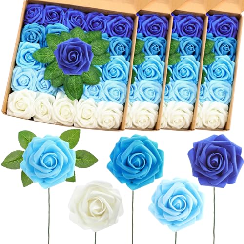 100 Pcs Artificial Foam Rose Flower Faux Bouquet Wedding Fake Rose Gift for Mother's Day Women DIY Bridal Shower Party Table Birthday Home Spring Decor (Gradient Blue) - color: Gradient Blue