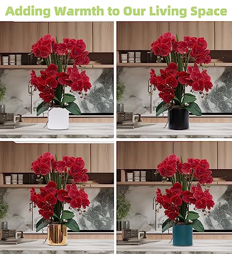 CXGS Artificial Orchid Flower Plants Real Touch Faux Orchids in Ceramic Vase 20.9'' Red Phalaenopsis Orchid Fake Flower Arrangement Home Indoor Decor - color: Red- Black (12cm)