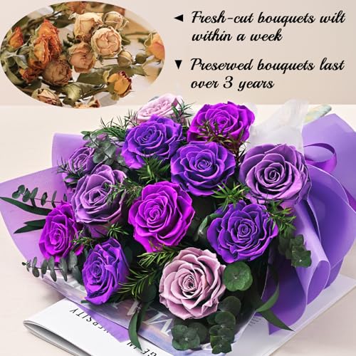 Flower Bouquet 12-Piece Preserved Roses Purple - color: Purple-12, size: 12 Roses