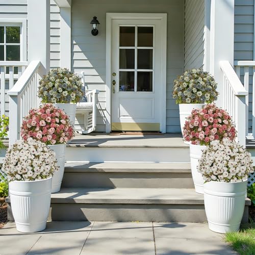 24” Artificial Flowers for Outdoors, Set of 2 Realistic Faux Blue Mums in Cement Pots, UV Resistant Fake Plants Look Real for Front Porch, Entryway & Indoor Spring Decor - color: Chrysanthemum Dusty Blue