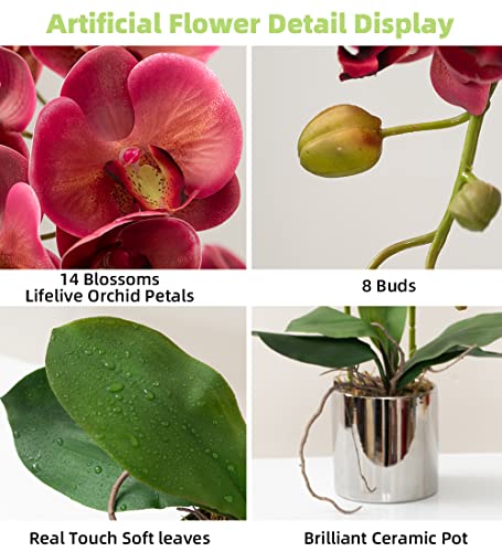 Artificial Orchid Flowers Fuchsia Faux Orchids with Ceramic Vase Vivid Fake Phalaenopsis Flower Arrangement Gorgeous Artificial Plants for Office Desk Wedding Party Exhibition Center&Home Table Decor - color: Fuchsia-silver