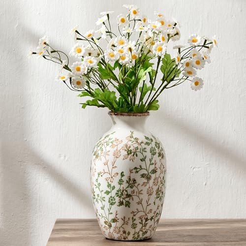 Green and Beige Antique Vase, 7.95" Vintage Chinoiserie Floral Vase, Modern Farmhouse Ceramic Vase for Home Decor, Living Room, Bookshelf, Office, Entryway, Garden, Chinoiserie Decor, Tuscan Decor - color: Green and Beige- 7.95"