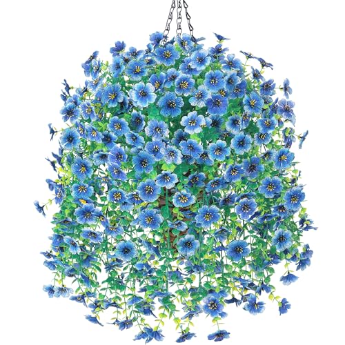 HyeFlora Artificial Hanging Flowers Basket for Outdoor, Fake Flowers Faux Plants Look Real for Yard Gardens Porch Patio Home (Blue) - color: Blue