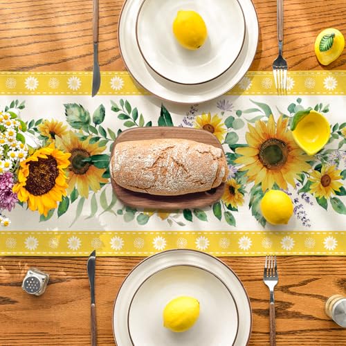 Artoid Mode Sunflower Leaves Flowers 210 GSM Summer Table Runner, Seasonal Kitchen Dining Table Decoration for Home Party Decor 13x108 Inch - size: 13" x 108", Table Runner