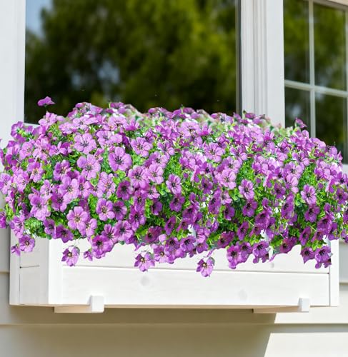 Artificial Outdoor Flowers 16 Bundles UV Resistant Fake Mums Flowers Plants for Decoration Indoor Outdoor Window Box Hanging Planter Home Porch Decor Plastic Faux Flowers (Purple) - color: Purple