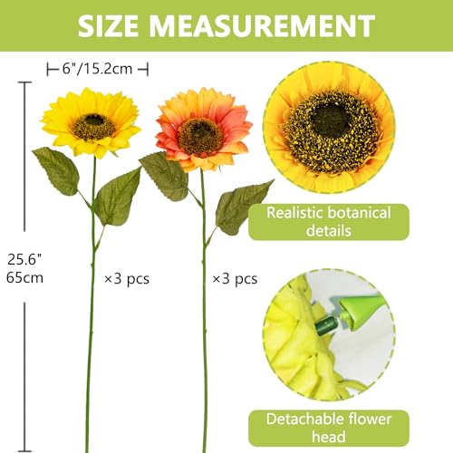 8 Pcs Large Sunflowers Artificial Flowers 6" Full Bloom Long Stem Artificial Sunflower 25.6" Tall Sun Flowers Giant Silk Sunflowers with Stem Fake Sunflower Floral Arrangement for Home Wedding Decor - color: 6"-8pcs-y