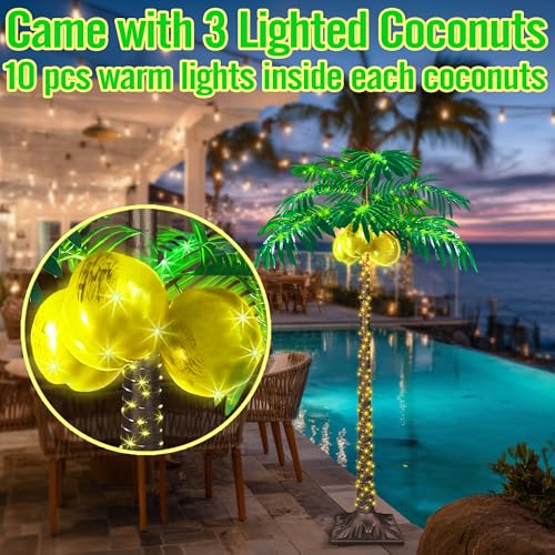 5FT LED Lighted Palm Tree with 325pcs Lights, Artificial LED Palm Tree with 3 Glowing Coconuts, Simulated Trunk with Lights, 8 Lighting Modes&Timer. - size: 5ft