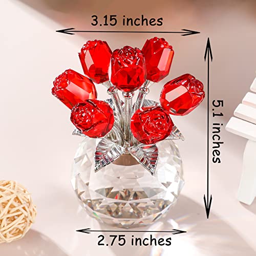 Red Rose Flower Crystal Figurine with Vase, Bouquet Flowers Ornament Gifts for Wife Girlfriend Women , Handmade Crystal Flower Collectible Home Table Decor for Valentine's Day Wedding Anniversary - color: Red-crystal Rose