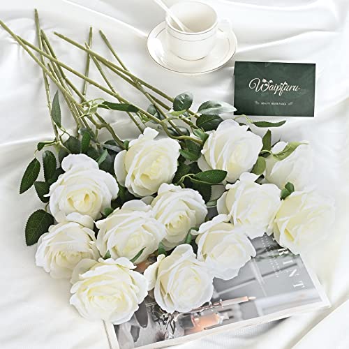 Waipfaru 8 Pcs Fake White Roses Artificial Flowers Bulk, Real Touch Silk Faux Roses with Long Stems for Wedding Bouquet Vase Flower Arrangement Table Centerpieces Home Decor (White) - color: A-white, size: 8 Pcs
