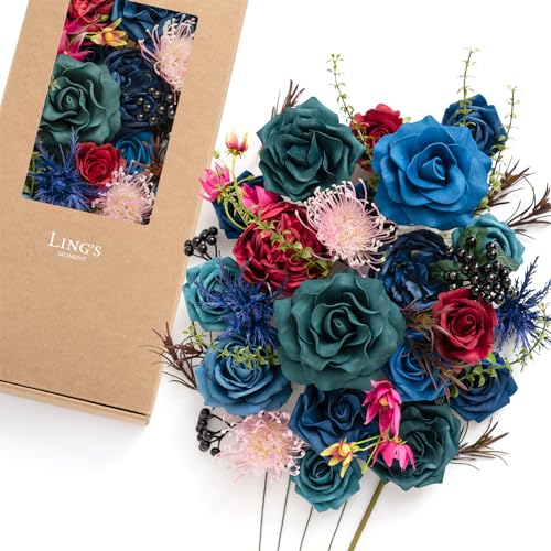 Ling's moment Fake Flowers Box, Foam Roses Artificial Fern Berry Faux Greenery Stems for Wedding Bouquets Centerpieces Table Decorations Floral Arrangement, Navy Blue & Pink, Deluxe Combo - color: Blu-navy Blue & Pink, size: Deluxe