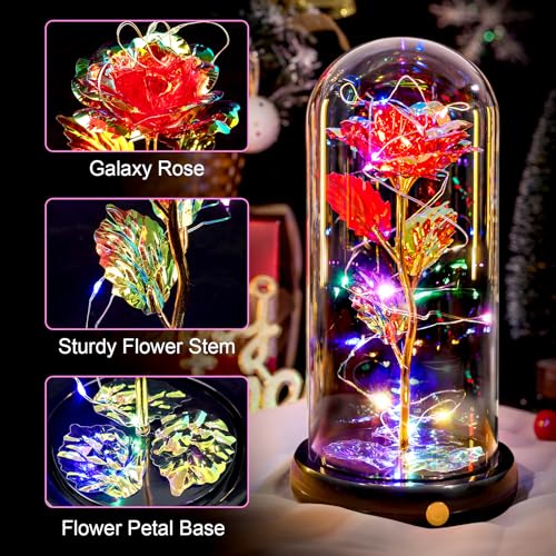 Mothers Day Flowers Gifts for Mom Women Birthday Gift, Rechargeable Galaxy Glass Rose in Glass Dome Forever Crystal Rose Flowers Mother's Day Roses Gifts for Mom Daughter Wife Women Grandma Sister Red - color: Usb-e Red