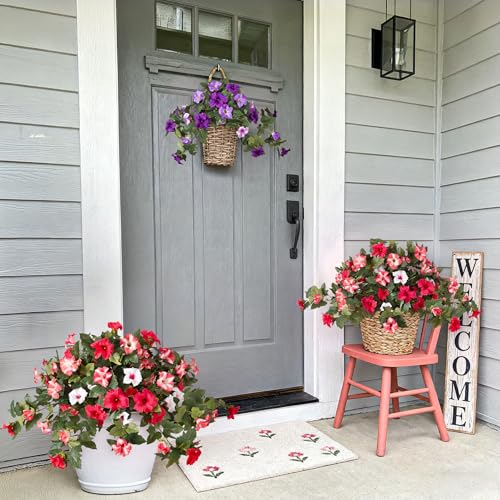 2PCS Artificial Petunia Flowers for Outdoors, Fake Flowers for Outdoor Planters UV Resistant Faux Silk Petunias for Garden Porch Yard Balcony Patio Realistic Home Kitchen Decor(Red Pink White) - color: D-red Pink White