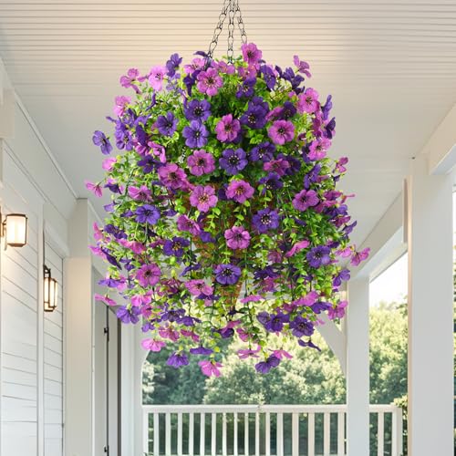 INQCMY Artificial Hanging Flowers with Basket for Spring Outdoor Decoration 3 Bunches of Silk Daisy Flower Uv Resistant for Garden Porch Patio Balcony Yard Decor (Purple1) - color: Purple1