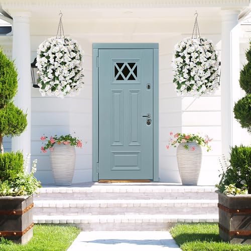 INSPRING Artificial Bougainvillea Faux Flowers Plants Baskets for Outdoor Outside Decoration, 3PCS Fake Silk Flowers Long Trailing Vines UV Resistant Realistic for Front Door Porch Patio (White) - color: White