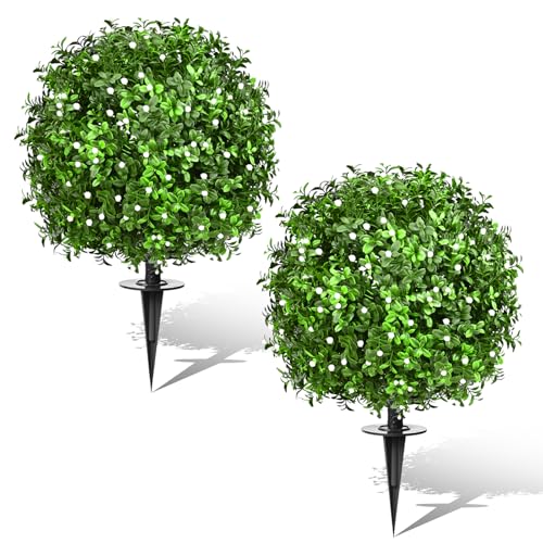 FAJUNZH Artificial Topiary Bushes for Outdoors with Spike, Boxwood Ball Fake Shrubs UV Resistant Faux Plants for Indoor Outdoor Fall Thanksgiving Halloween Decor (Gypsophila Boxwood White-2 Packs) - color: Gypsophila Boxwood White