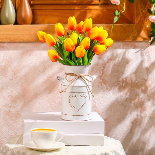 Uiifan 19 Pcs Spring Easter Centerpieces for Tables Home Office Decoration 18 Fake Artificial Tulip Flower Faux Realistic PU Bouquet with 1 Metal Pot Vase for Wedding Baby Shower(Sunset Red) - color: Sunset Red