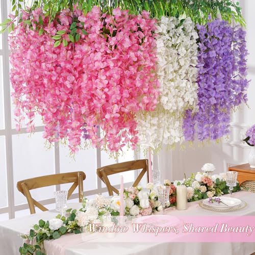 40 Pack Pink Purple White Wisteria Hanging Flowers, Fake Hanging Flowers for Decoration,Vines for Bedroom, Wisteria Flower Garland for Home ,Party,Wall,Wedding Decoration,Baby Shower(3.6 Ft/Pcs) - color: White & Pink & Purple, size: 40 Pcs