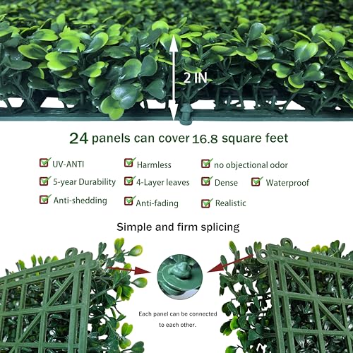 ODTORY Artificial Grass Wall Backdrop Panels: 10 by 10 in (24 Pcs) UV-Anti Greenery Boxwood Panels for Indoor Outdoor Green Wall Decor & Ivy Fence Covering Privacy - size: 10*10IN 24P